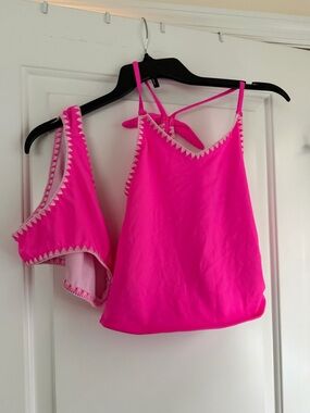 Teen Bright Pink Tankini Set with Contrast Stitching